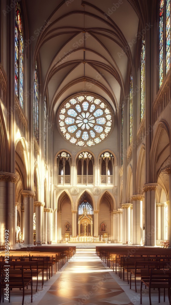 Obraz premium Sunlit cathedral interior, peaceful scene