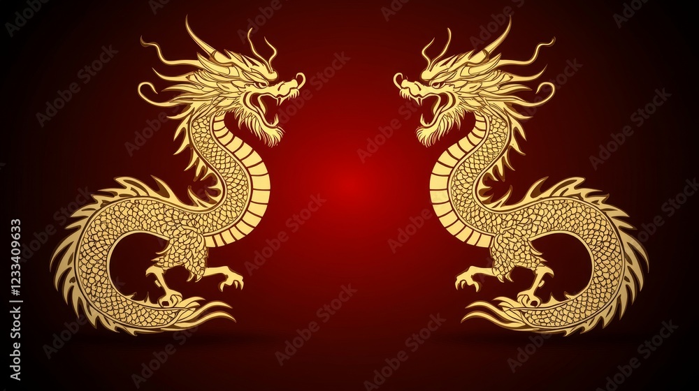 Fototapeta premium Golden Chinese Dragons Facing Each Other on Red Background