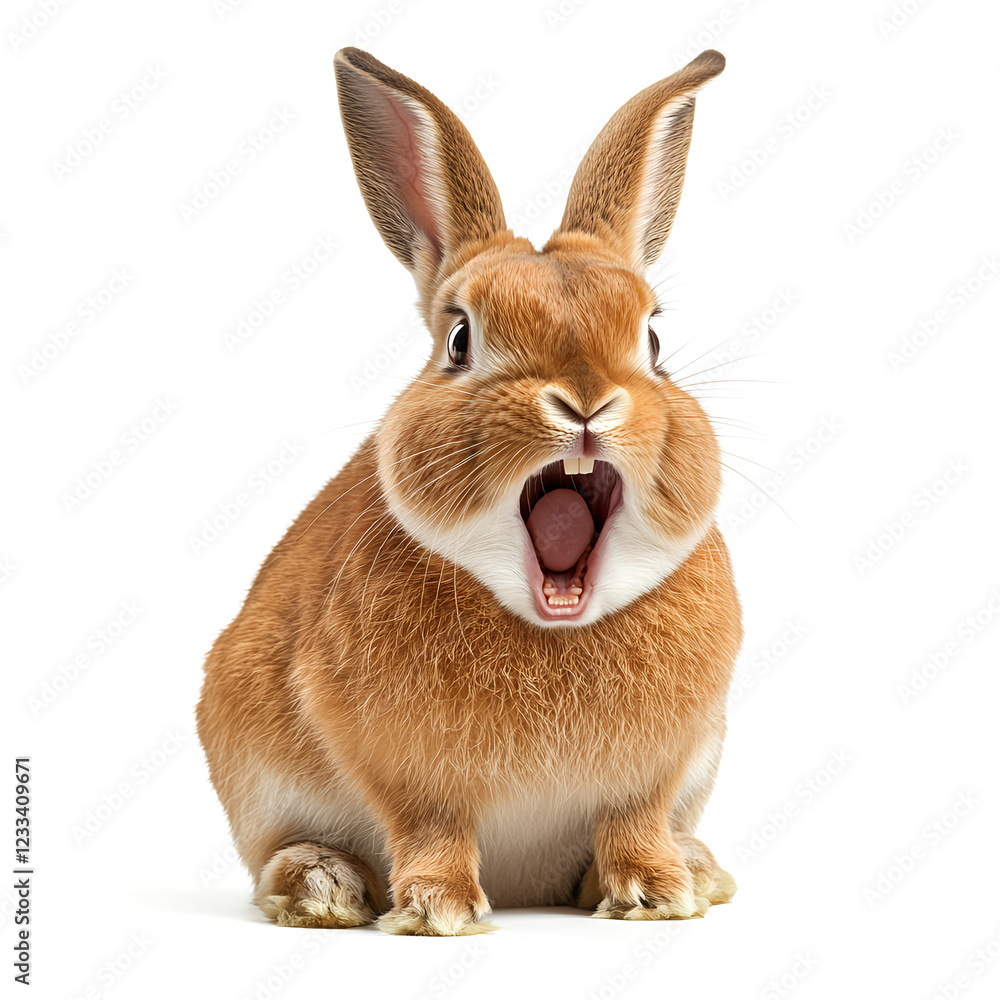 Obraz premium A rabbit is sitting and screaming, isolated on a white background, in a high-resolution, photorealistic image. 
