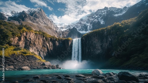 Majestic waterfall cascading down snow-capped mountains, turquoise pool