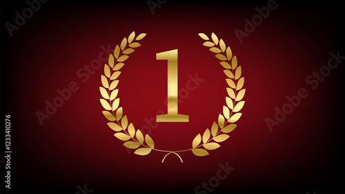 Gold laurel wreath, Golden circular laurel olive branches greek wreath with number 1, A winner award of olive, victory symbol, achievement heraldry symbol vector isolated on dark red background