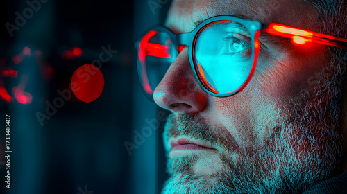 Man gazing through window at night city lights photo