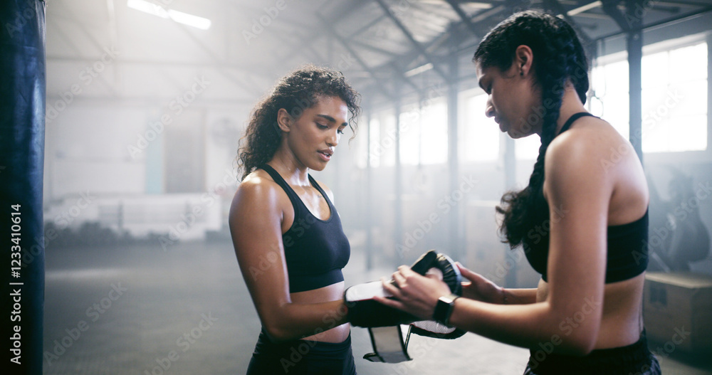 Women, help or boxer with coach or gloves for self defense, fighting and fitness workout in gym. Start, people or fighter with fist wraps on hands for boxing safety, training exercise or protection Women, help or boxer with coach or gloves for self defense, fighting and fitness workout in gym. Start, people or fighter with fist wraps on hands for boxing safety, training exercise or protection