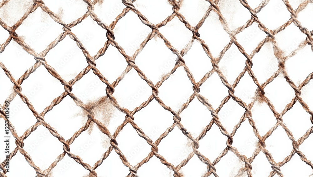 Close-up of a weathered, diamond-patterned fishing net with visible debris. Close-up of a weathered, diamond-patterned fishing net with visible debris.