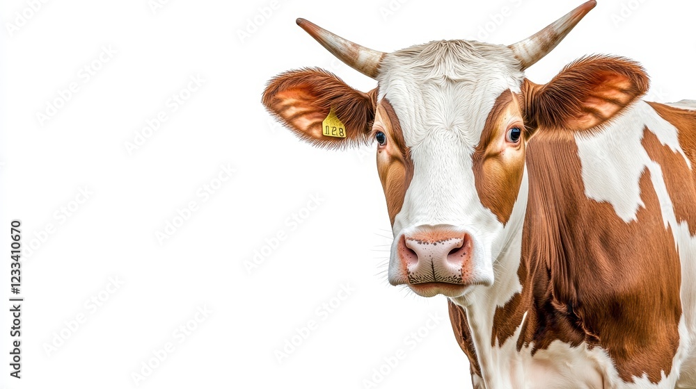 Brown and White Cow Portrait on White Background with Tag Brown and White Cow Portrait on White Background with Tag