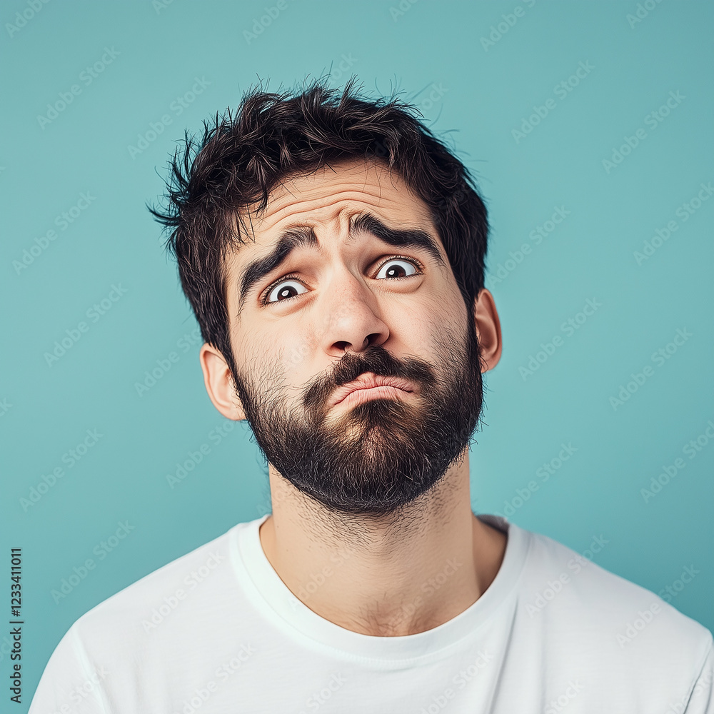Obraz premium Portrait of a handsome man with a funny facial expression on a blue background, looking at the camera and appearing confused or surprised.