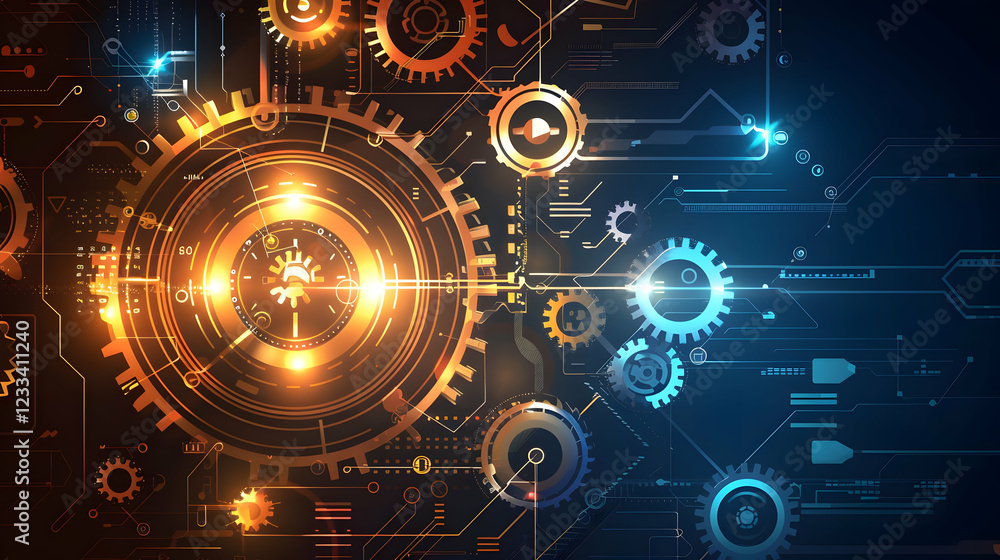Obraz premium Abstract digital illustration featuring gears and circuitry, symbolizing technology and innovation.