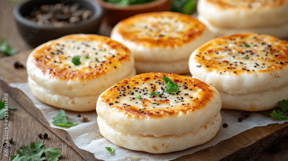 Freshly Baked Flatbread with Herbs and Spices on Wooden Table Freshly Baked Flatbread with Herbs and Spices on Wooden Table