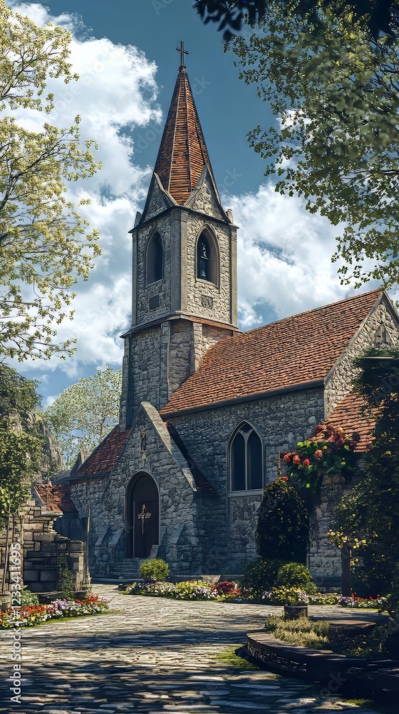 Fototapeta premium Stone church nestled in a garden