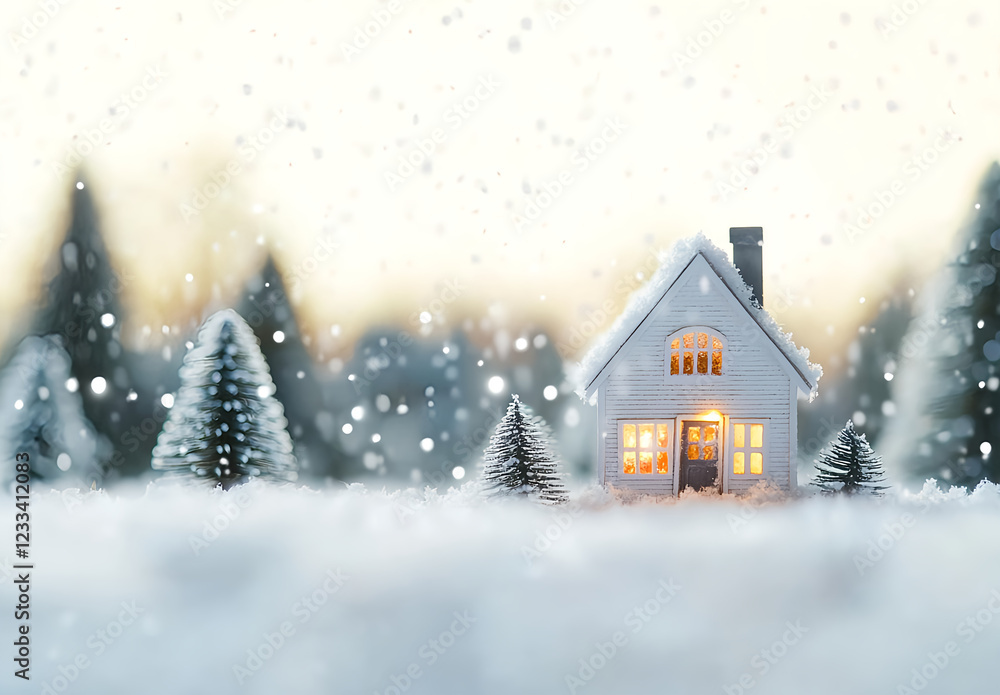 Naklejka premium A small house in the snow, surrounded by trees and lights, creates a festive Christmas scene. Pine branches adorn the landscape, and a warm glow emanates from within the cabin. A miniature snowy 