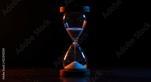 hourglass, red and blue sand, dark background, dramatic lighting, glowing particles, time concept, surreal, mysterious, high contrast, glass reflection, metaphorical, symbolic, detailed texture, cinem photo