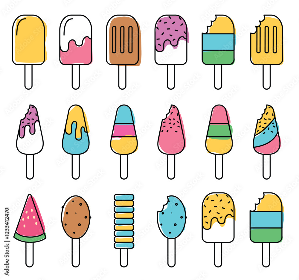 Popsicle outline clipart set. Popsicle drawing icon clip art in colorful paint hand drawn flat summer elements collection vector illustration.
Popsicle outline clipart set. Popsicle drawing icon clip art in colorful paint hand drawn flat summer elements collection vector illustration.
