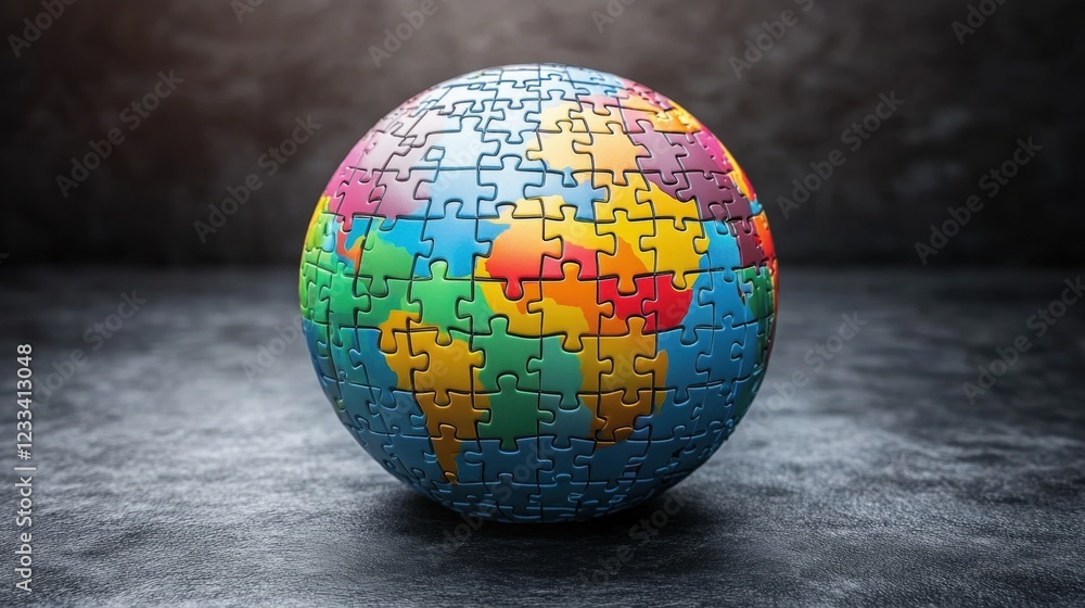 Colorful Puzzle Globe on Dark Surface with Artistic Background Colorful Puzzle Globe on Dark Surface with Artistic Background