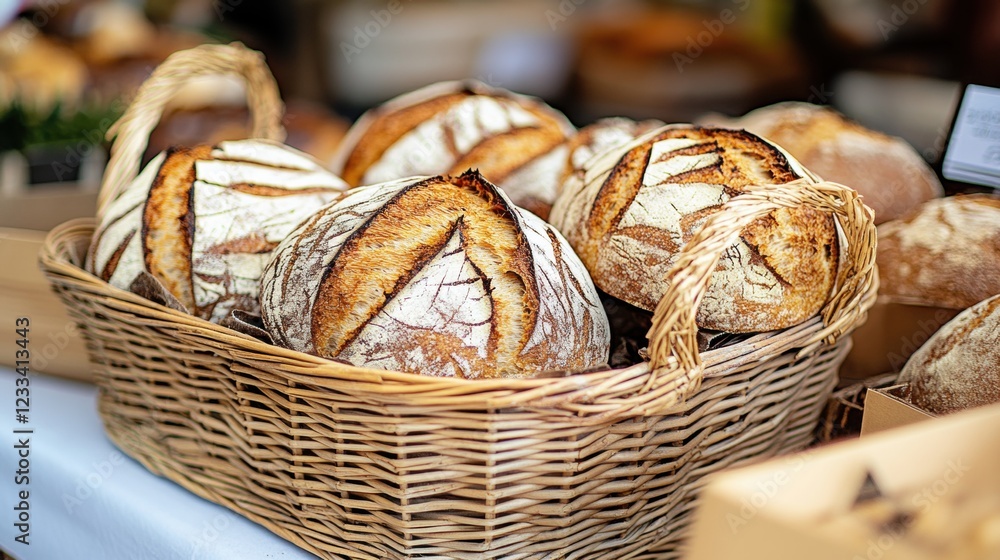 Freshly Baked Artisan Bread Loaves in a Rustic Basket Display Freshly Baked Artisan Bread Loaves in a Rustic Basket Display