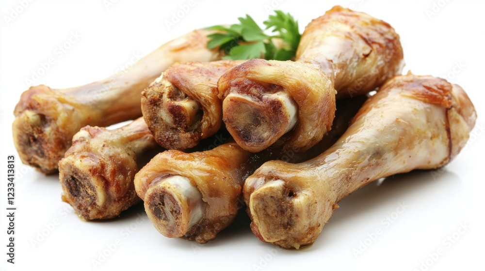 Delicious and Savory Cooked Chicken Drumsticks on White Background Delicious and Savory Cooked Chicken Drumsticks on White Background