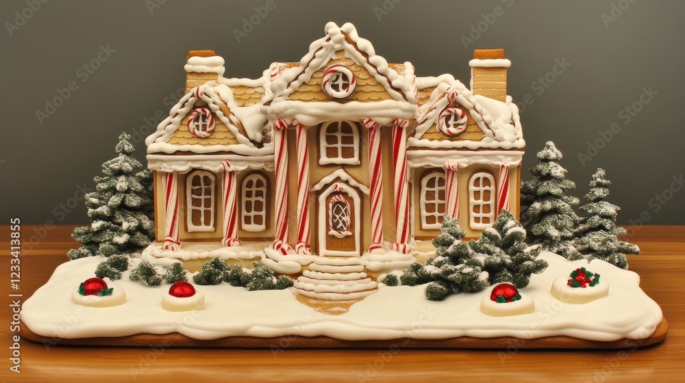 Obraz premium whimsical winter cottage, white royal icing details, peppermint striped columns, golden brown cookie walls, red candy decorations, round cookie medallions, edible evergreen trees, snow covered base,