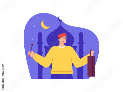 Muslim man giving wake up call for sahur Illustration. Fasting ramadan illustration. Flat vector illustration concept.