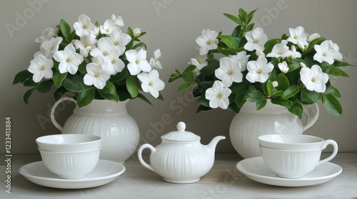 Wallpaper Mural Elegant White Floral Arrangement with Tea Set on Table Torontodigital.ca