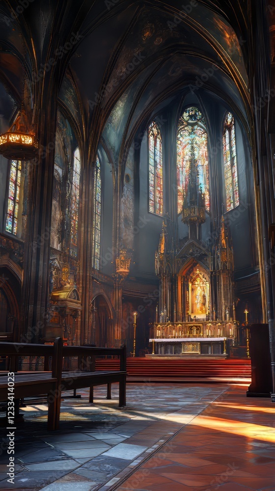 Fototapeta premium Sunlit Gothic church interior