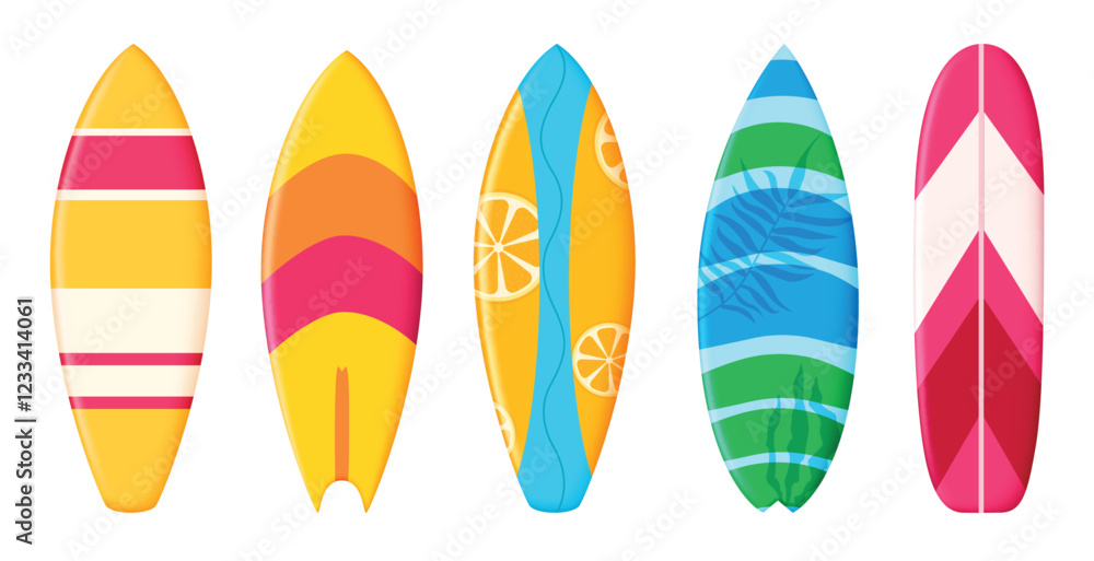 Summer surfboard elements clipart set. Colorful surfing board clip art collection with printed pattern for holiday season vector illustration.
Summer surfboard elements clipart set. Colorful surfing board clip art collection with printed pattern for holiday season vector illustration.