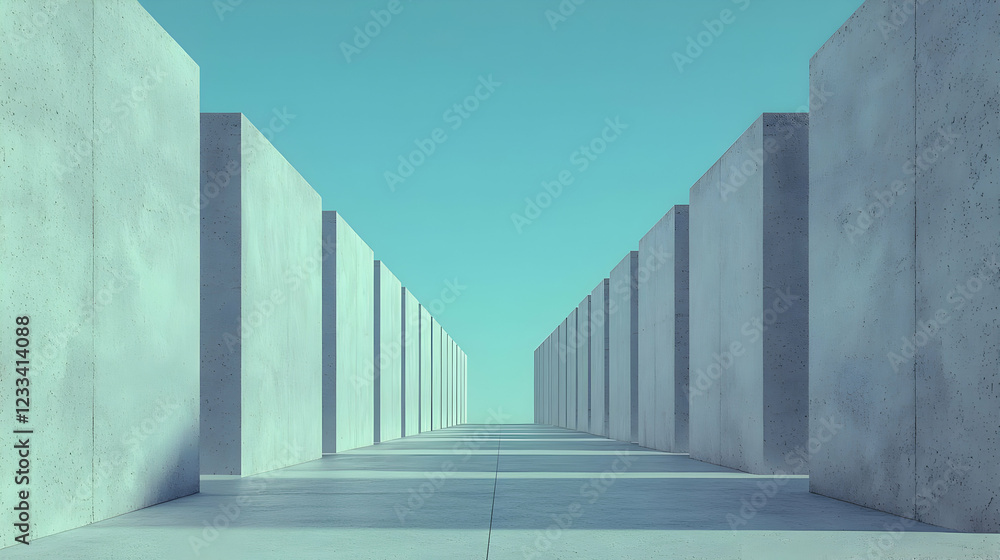 Fototapeta premium Concrete maze path, clear sky, minimalist design, architectural concept