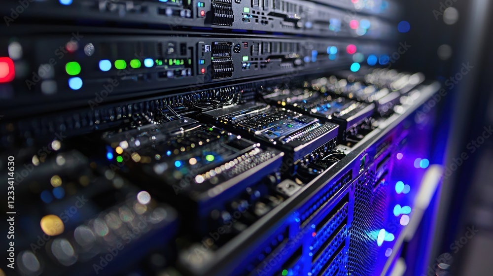Obraz premium Powerful Server Rack Data Center Technology Close Up Modern Network