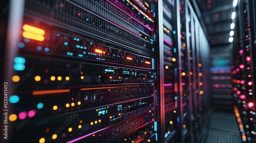 Obraz premium Vibrant Server Room Technology Network Data Center Infrastructure