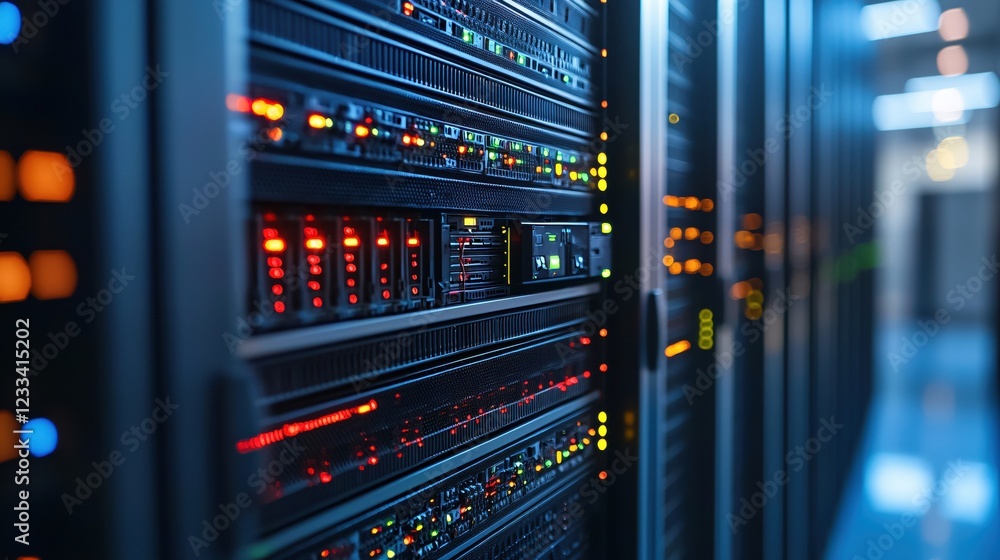 Naklejka premium Illuminated Server Racks in Modern Data Center Night