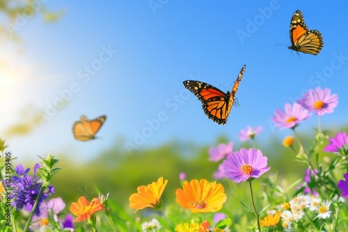 Colorful butterflies flutter joyfully amid blooming wildflowers, celebrating the beauty of a sunny day in a serene landscape. Spring banner with copy space