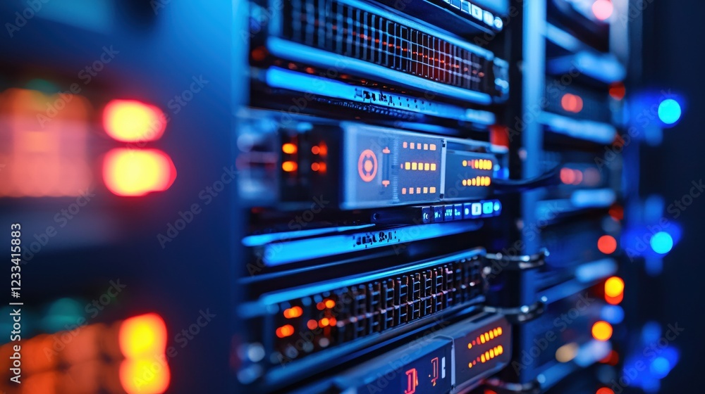 Modern Data Center Server Rack Network Technology Blue Lights Modern Data Center Server Rack Network Technology Blue Lights