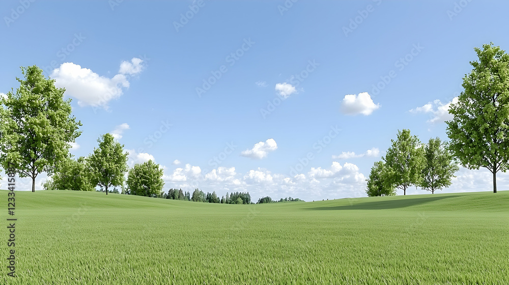 Obraz premium Sunny day, green field, trees, blue sky, idyllic landscape, nature background, website banner