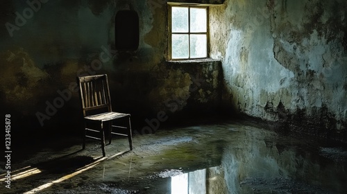 Abandoned Room with a Single Wooden Chair and Water Reflection