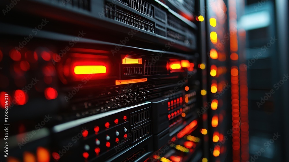 Powerful Server Rack with Glowing Lights in a Modern Data Center Powerful Server Rack with Glowing Lights in a Modern Data Center