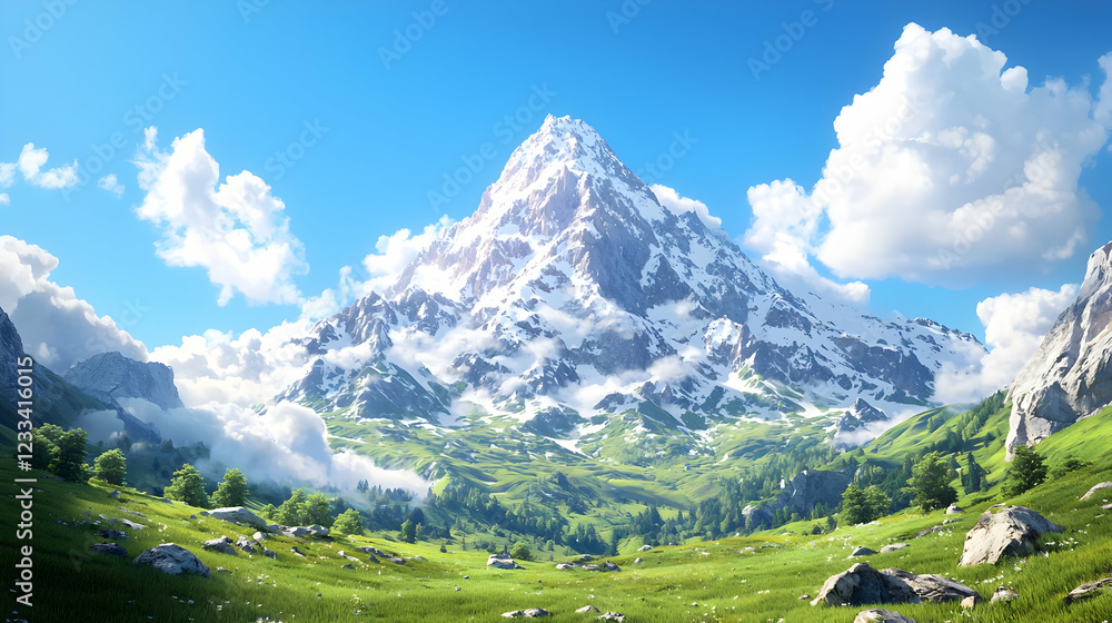 Obraz premium Majestic snow-capped mountain peak, sunny valley, travel poster