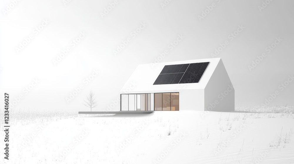 minimalist nordic house design, stark white exterior, angular roof geometry, black solar panel array, floor to ceiling windows, winter snowscape setting, modern glass facade, simple architectural minimalist nordic house design, stark white exterior, angular roof geometry, black solar panel array, floor to ceiling windows, winter snowscape setting, modern glass facade, simple architectural