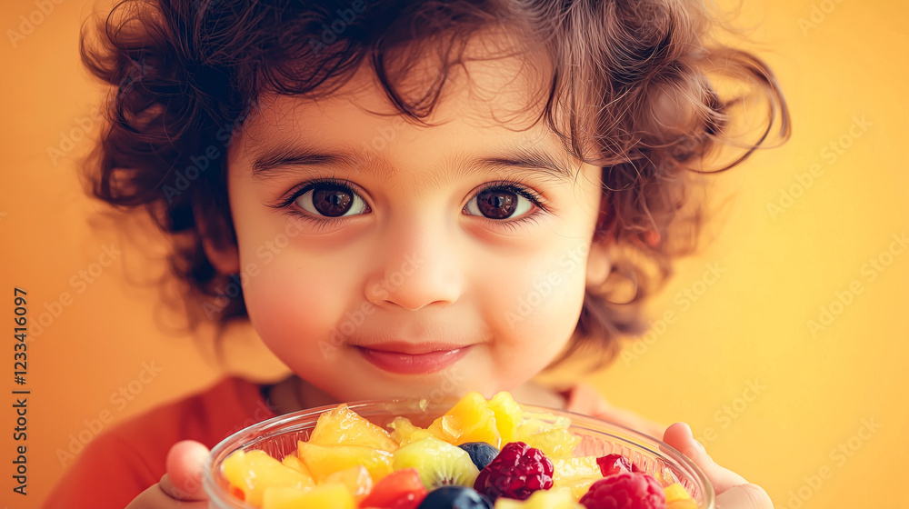 Fototapeta premium Indian Child Holding Fruit Salad Bowl, Soft Pastel Orange Background.