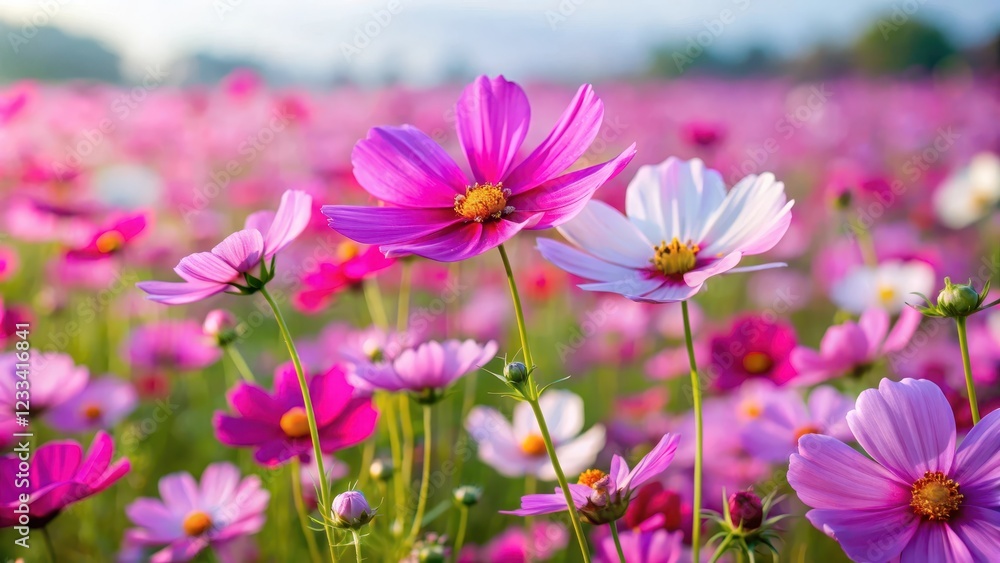 Large colorful cosmos flower field with vibrant purple and pink flowers swaying in the gentle breeze, nature Large colorful cosmos flower field with vibrant purple and pink flowers swaying in the gentle breeze, nature