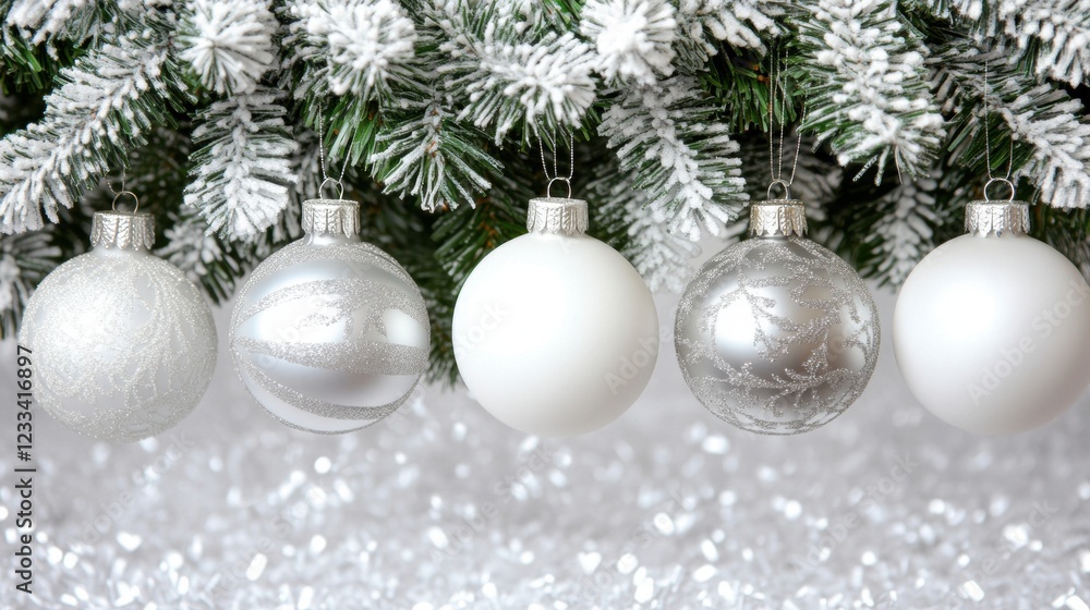 Elegant Silver and White Christmas Ornaments Hanging on Pine Tree Elegant Silver and White Christmas Ornaments Hanging on Pine Tree