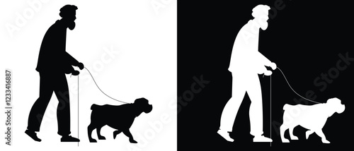 Man walking with dog vector silhouette illustration black and white background.
