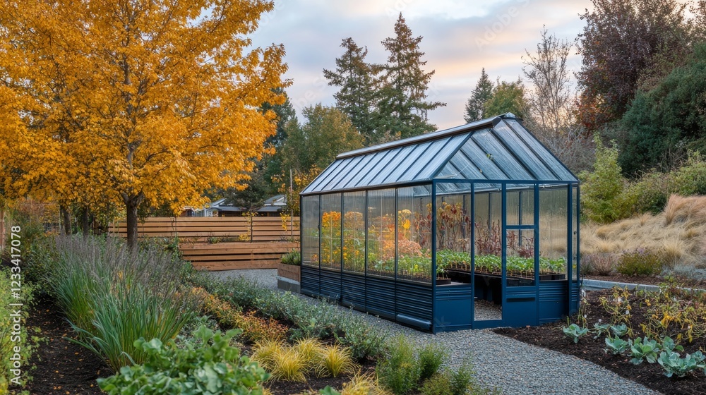 residential greenhouse setup, translucent panel walls, steel blue framework, prepared soil plot, elevated garden boxes, fall color canopy, wooden slatted fencing, grassy hillside, seasonal garden residential greenhouse setup, translucent panel walls, steel blue framework, prepared soil plot, elevated garden boxes, fall color canopy, wooden slatted fencing, grassy hillside, seasonal garden