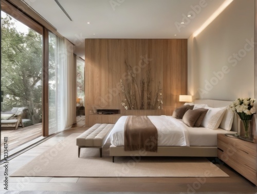 Elegant and luxurious modern bedroom with kingsized bed, white linens, beige pillows, nightstands, lamps, wood paneling, and window view. photo