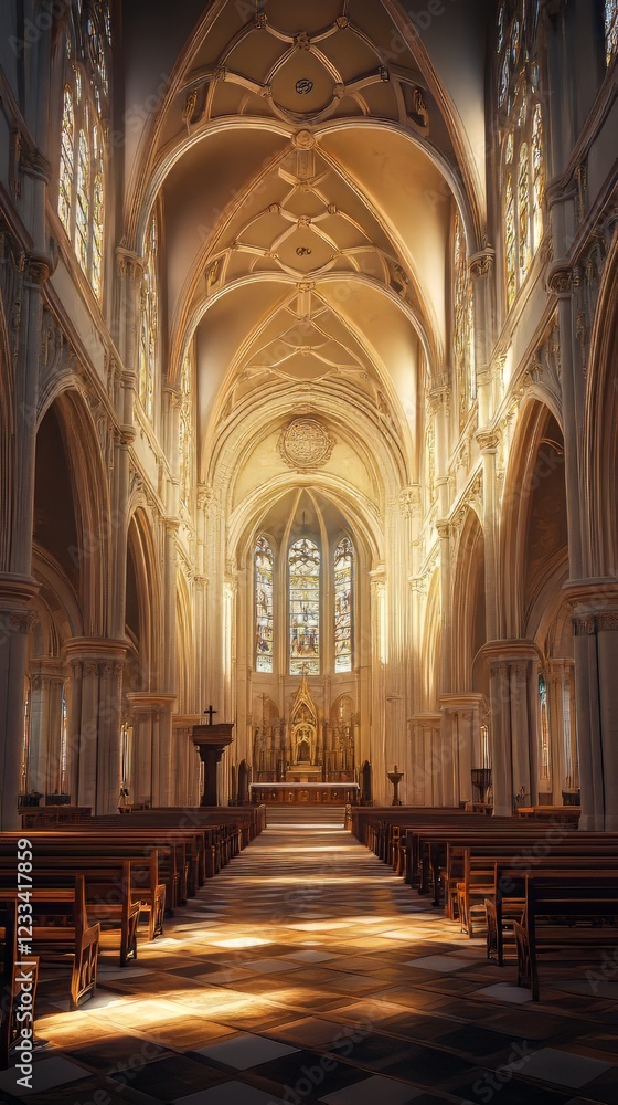 Fototapeta premium Sunlit church interior, serene and grand.