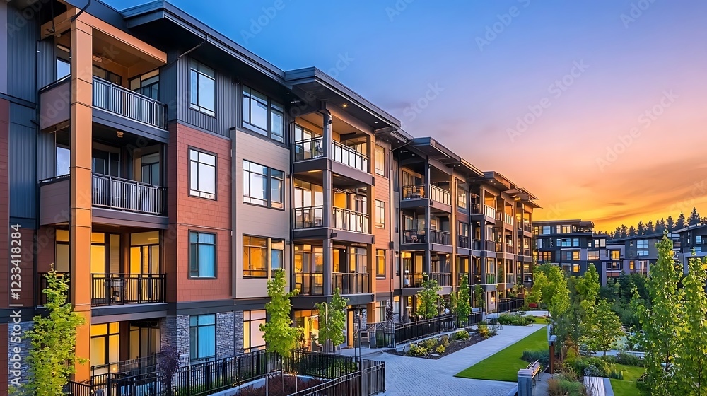 Modern apartment complex at sunset, showcasing architecture, landscaping, and residential living. Modern apartment complex at sunset, showcasing architecture, landscaping, and residential living.