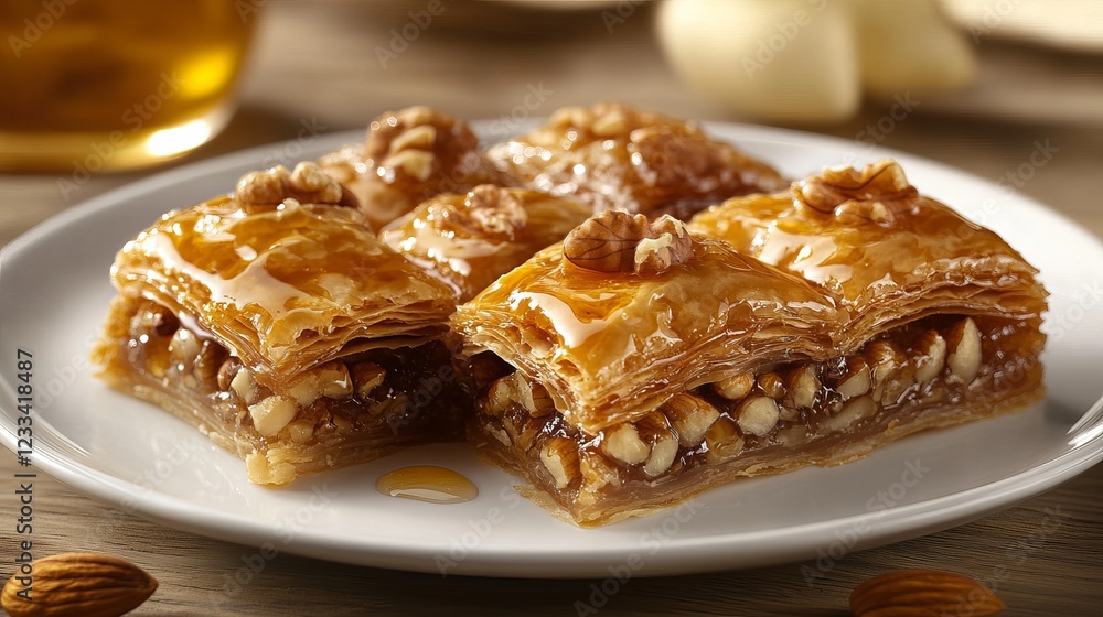 Golden honey baklava drizzled with nuts - traditional sweet pastry dessert Golden honey baklava drizzled with nuts - traditional sweet pastry dessert