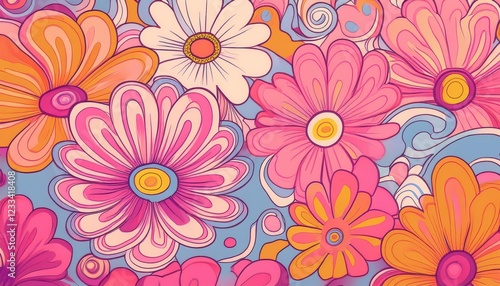 Wallpaper Mural Vibrant Repeating Pink Blossoms on a Retro Chic s Poster Design, Evoking a Bubbly and Feminine Aura with a Whimsical Touch. Torontodigital.ca