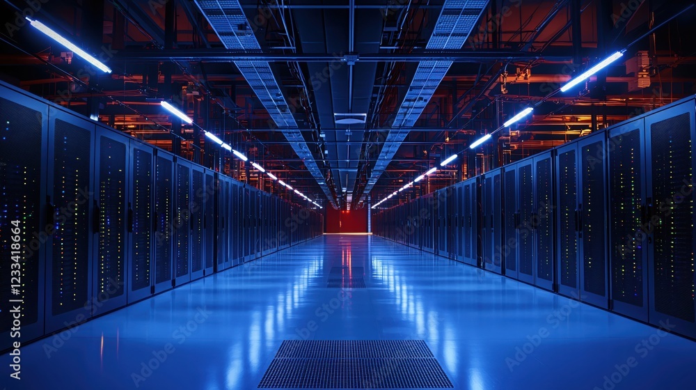 Fototapeta premium Futuristic Server Room Corridor Blue Red Lighting Technology Data Center