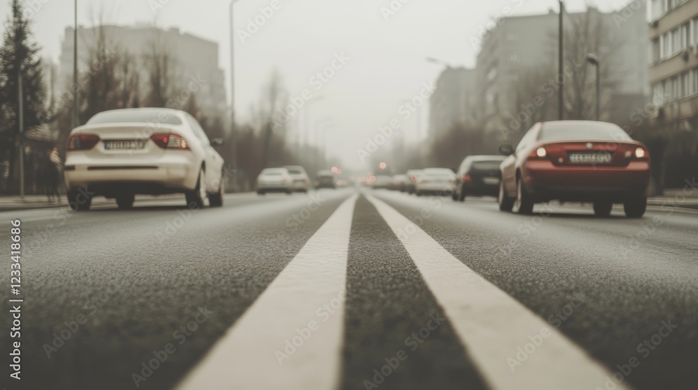 Foggy urban street scene with cars driving, buildings lining the road, creating a moody atmosphere Foggy urban street scene with cars driving, buildings lining the road, creating a moody atmosphere