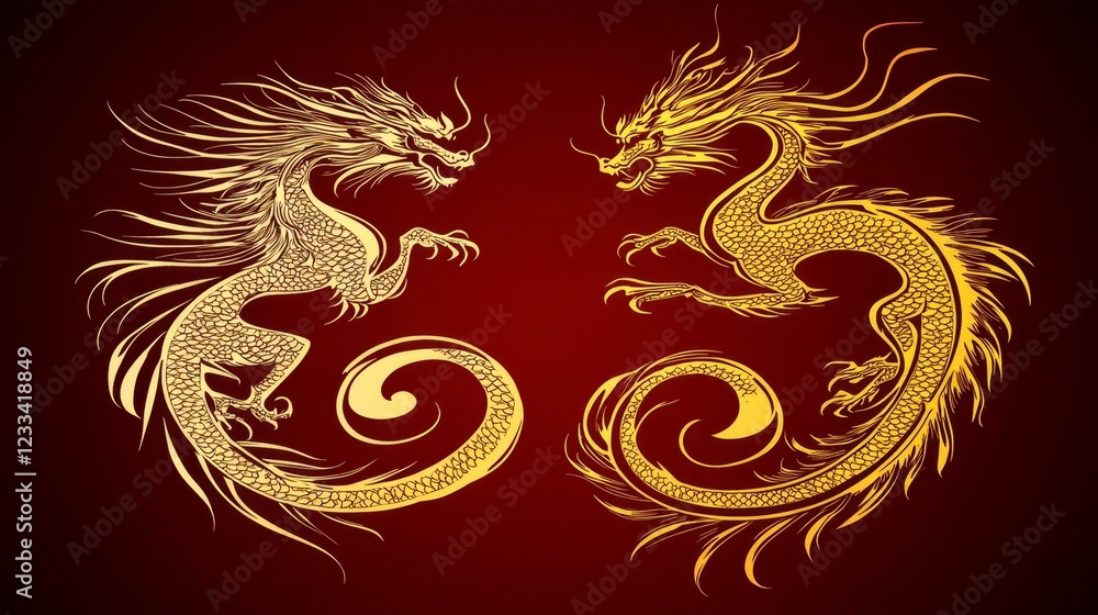 Golden Dragons Facing Each Other in Elegant Design Golden Dragons Facing Each Other in Elegant Design