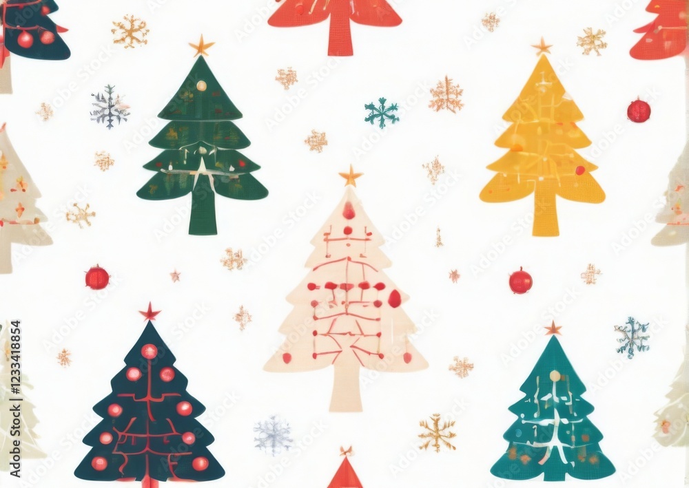Colorful Christmas tree seamless pattern on white background with unique designs, ornaments, and festive snowflakes. Colorful Christmas tree seamless pattern on white background with unique designs, ornaments, and festive snowflakes.