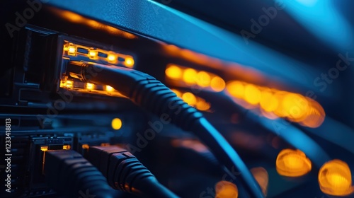 Network Cables glowing in server rack  Data Center technology connection